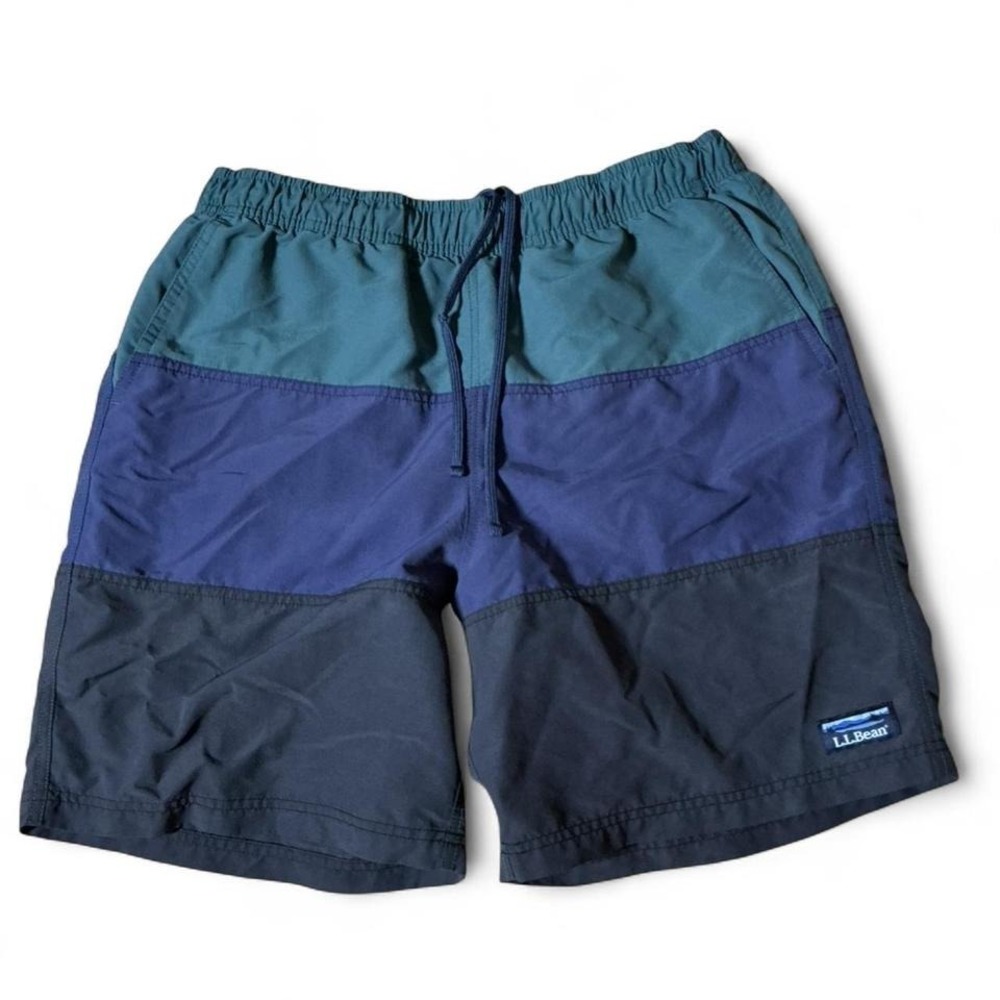 LL Bean Mens Colorblock Swim Trunks Blue Teal Supplex Nylon Shorts‎ 509470